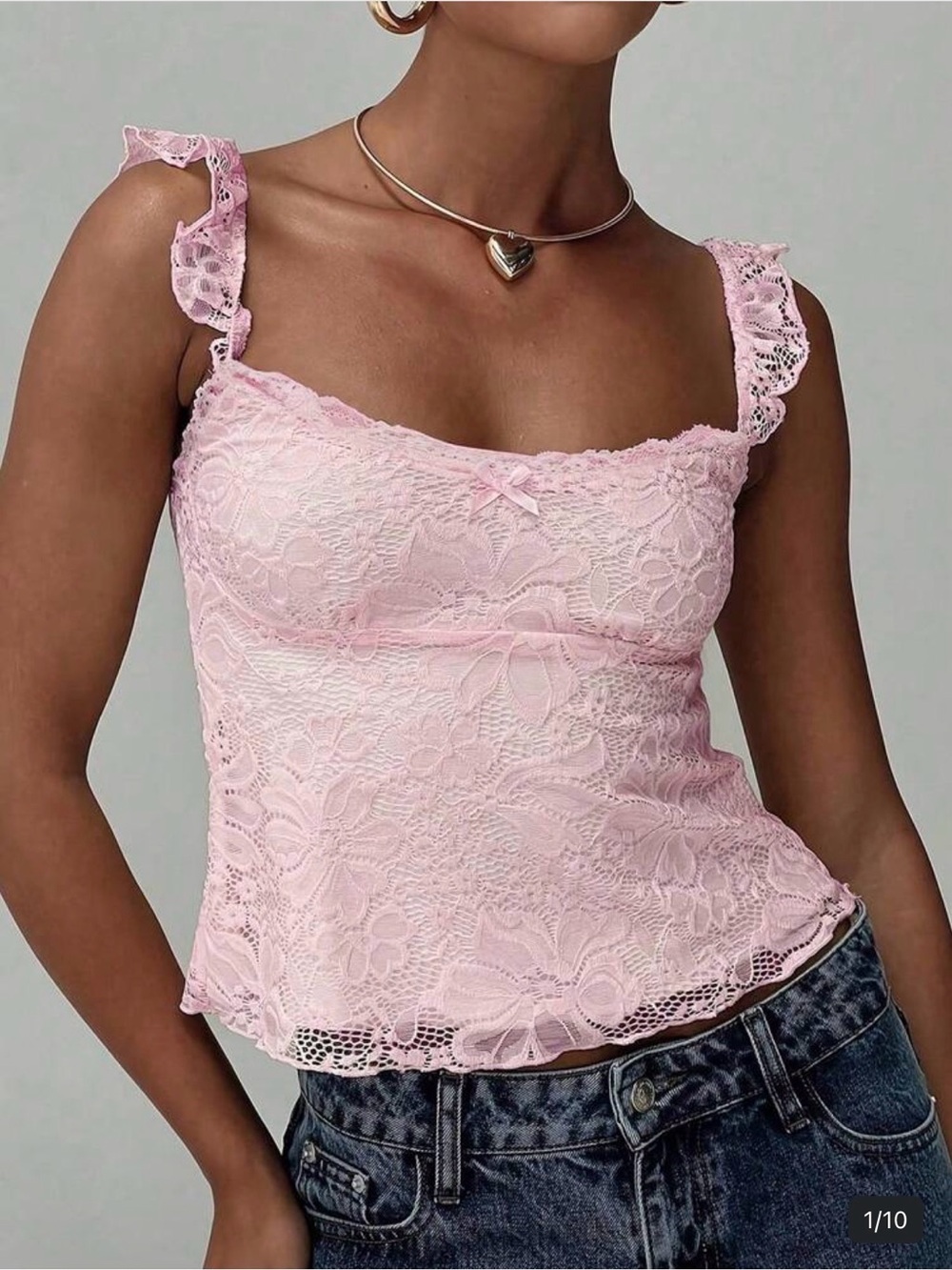 Pink Lace Ruffled Strap Women's Tank Top- Size M